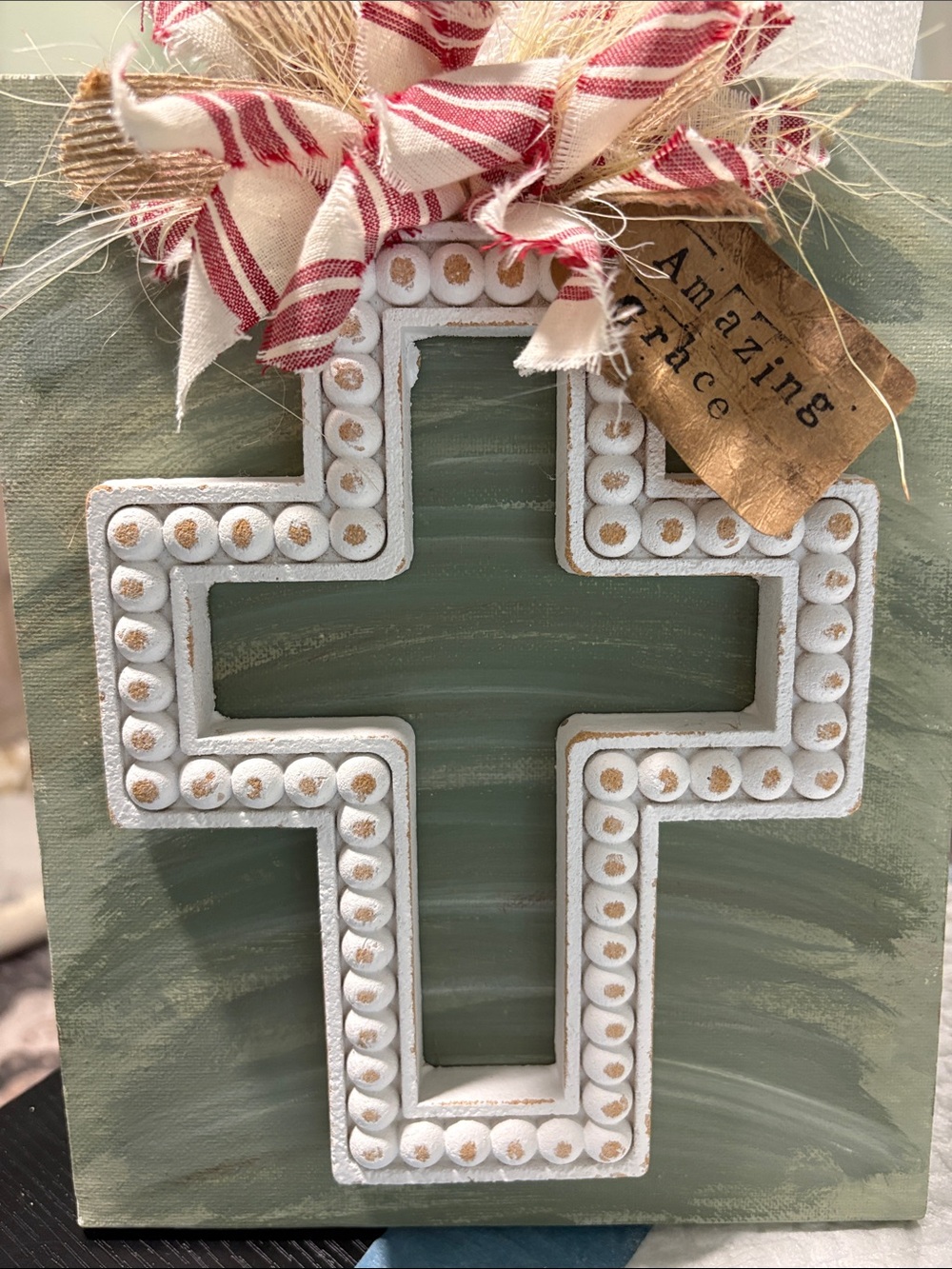 Decorative Green Cross Wall Art with White Beaded Trim